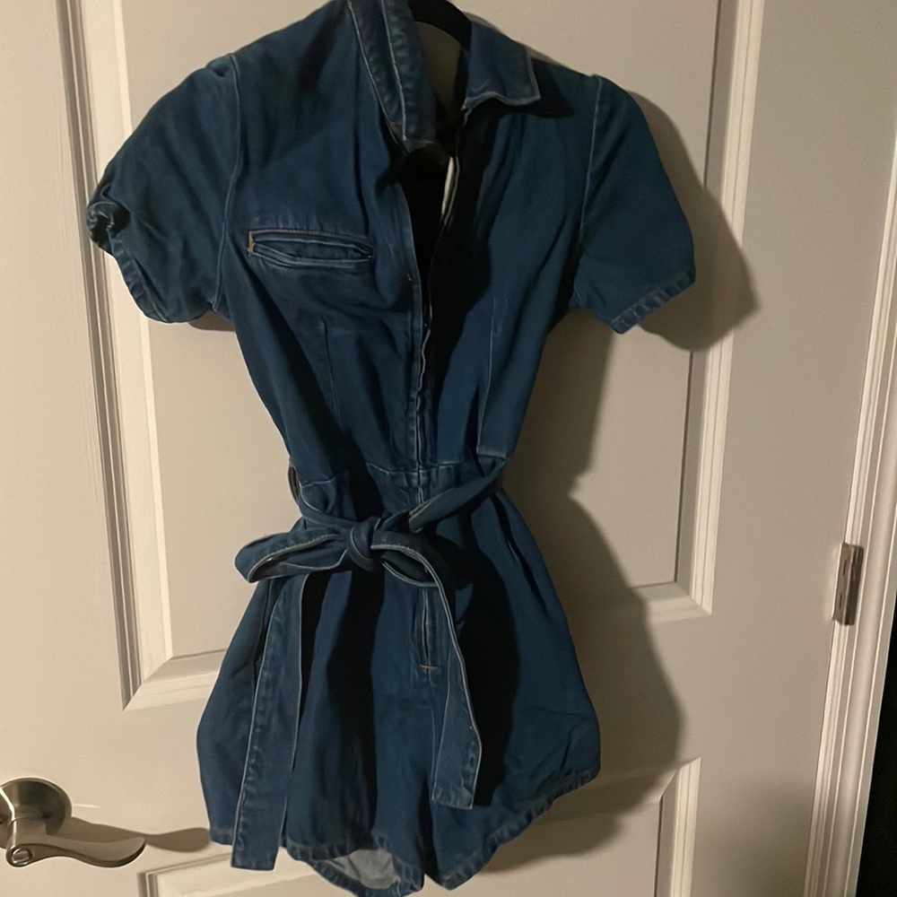 Denim romper with waist Tie